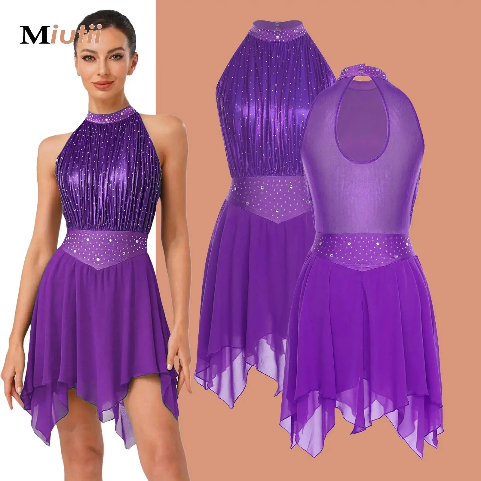

Womens Lyrical Dance Dress Ruched Metallic Rhythmic Gymnastics Leotards Mesh Tutu Dress Figure Skating Modern Ballet Dancewear