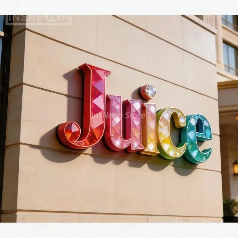 Custom Juice Shop 3D Diamond Cut Letter Sign, Solid Acrylic Faceted Logo Sign, Outdoor Wall Mount Business Storefront Signage