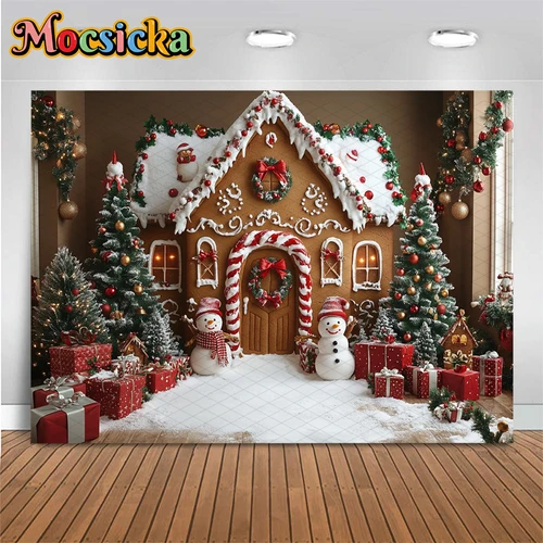 Imagen 2 del producto Fondo de fotografía de casa de Navidad Mocsicka árbol de Navidad muñeco de nieve regalos decoraciones niños adultos fiesta familiar telón de fondo Banner