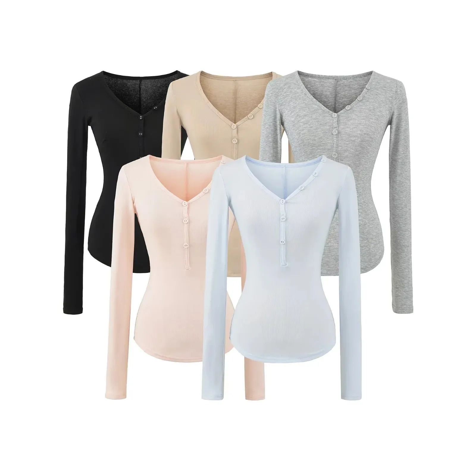 American-style sexy deep V-neck long-sleeve top new spring model with button decoration slim-fit and figure-flattering T-shir