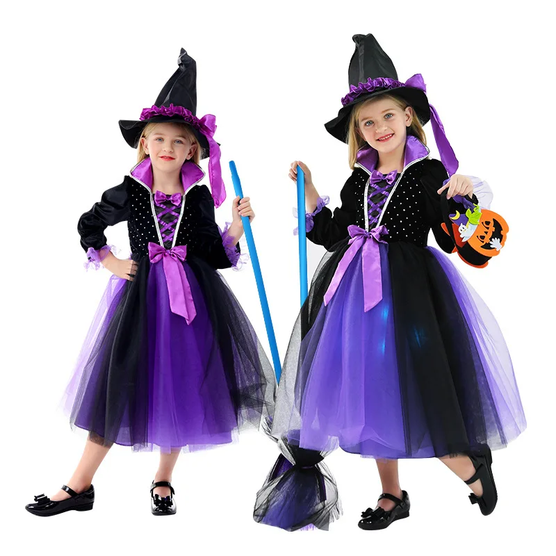 

New Children Fancy Halloween Cosplay Costume Baby Girl Glowing Magician Classic Witch Princess Long Dress Carnival Party Outfits