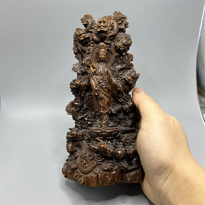 Boxwood Nine Dragon Guanyin Small Figurine Vase Buddhist Altar Sculpture for Entryway Cabinets and Housewarming Gifts