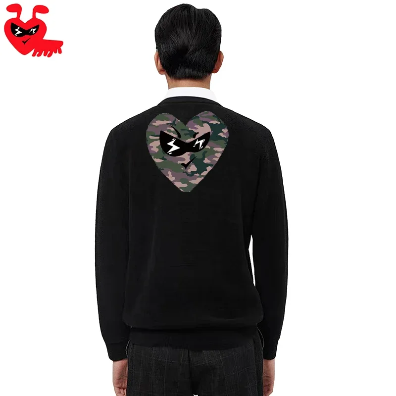 Break Egg Men Open Knit Sweater  Ant Embroidery Polka Dot Camouflage Print V-neck Single Breasted Long Sleeved Autumn Sweater