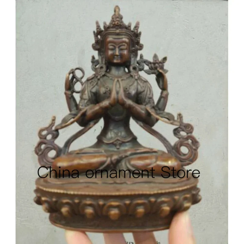 

8" Buddhism old Handcarved bronze statue Buddha Four-armed Guanyin Wish U Wealth