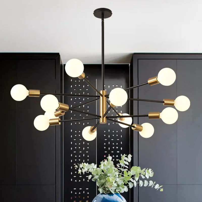 

Modern Sputnik Chandelier - 12-Light Gold/Black, Height-Adjustable for Dining/Living Room, Kitchen Island