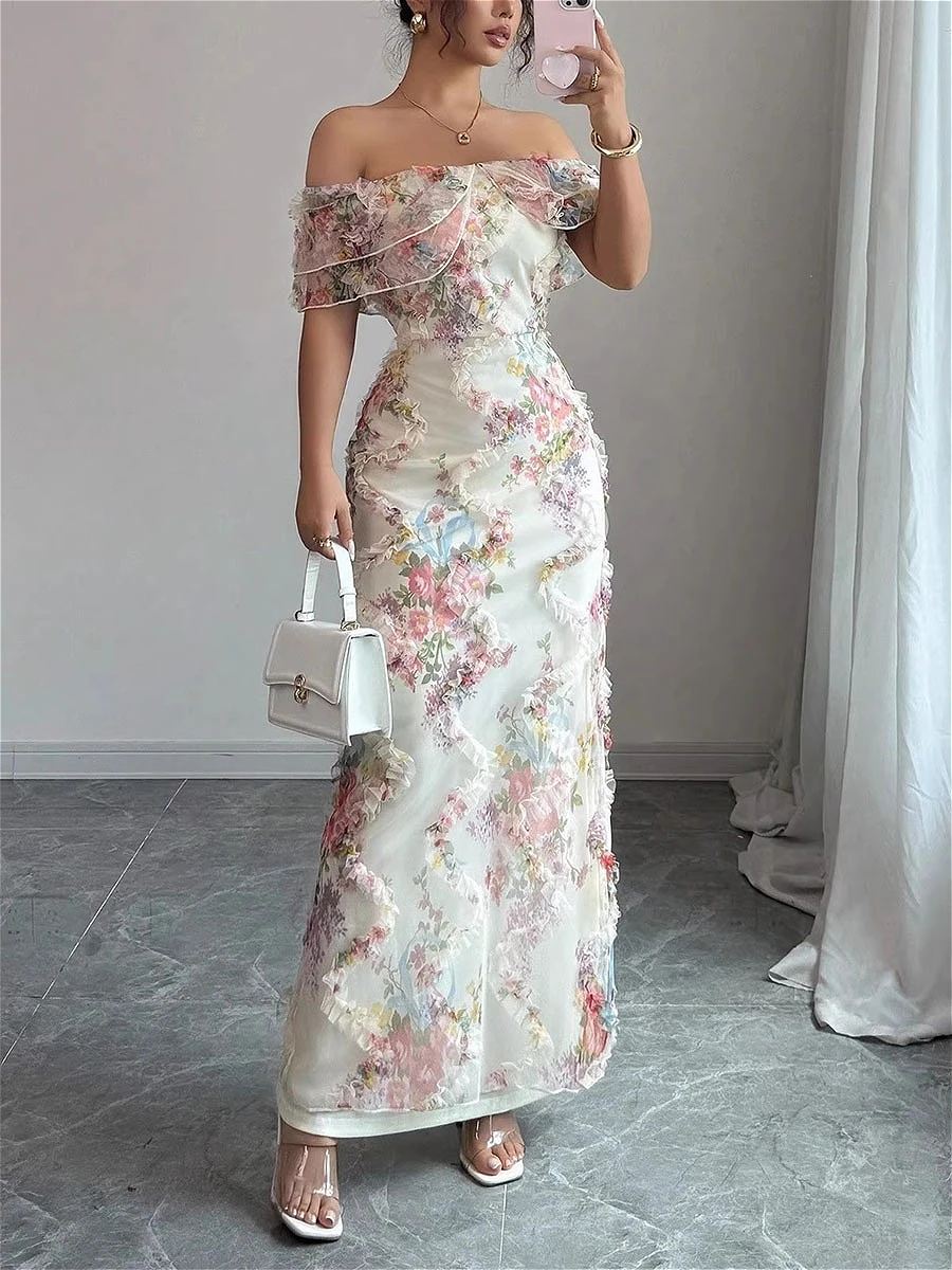 Modigirl 2026 Women Off Shoulder Floral Ruffle Maxi Dress Bodycon Elegant Wedding Guest Party Vacation women's casual dresses