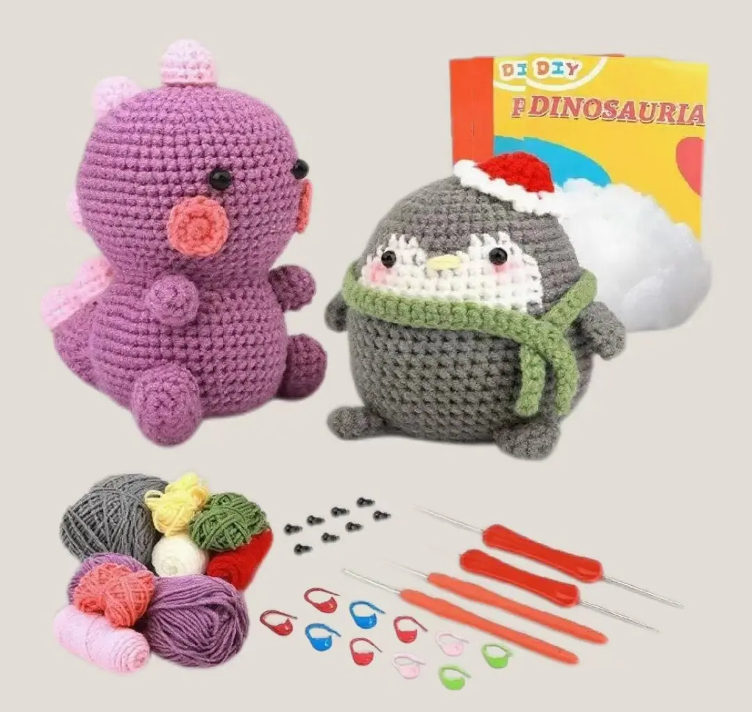 

Kawaii DIY Crochet Animal Duo Kit - Christmas Penguin & Purple Dinosaur Craft Set Trendy Cute Decor & Gift for Teens