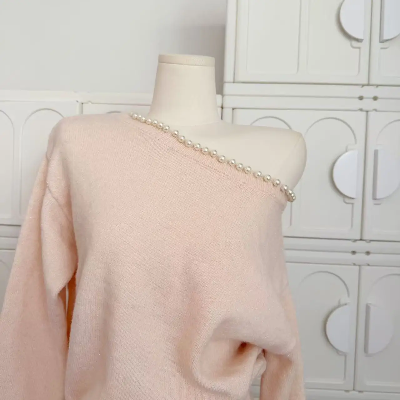 Women's Elegant Skew Collar Pearls Long Sleeve Sweater Lady Sweet Lovely Pink Pullover Loose Jumper