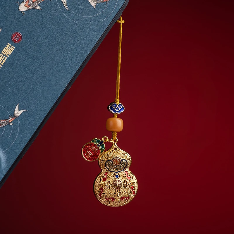Enamel Color Copper Gourd Key Chain Lovers High-end Pendant Sand Gold Hotan Jade Double-sided Hollow Carving Festival Gifts