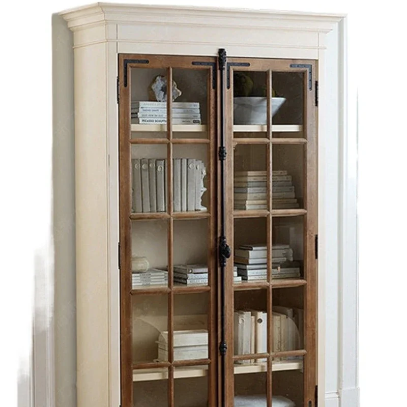 

American solid wood bookcase bookshelf shelf combination cabinet white simple light luxury floor living room cabinet with glass