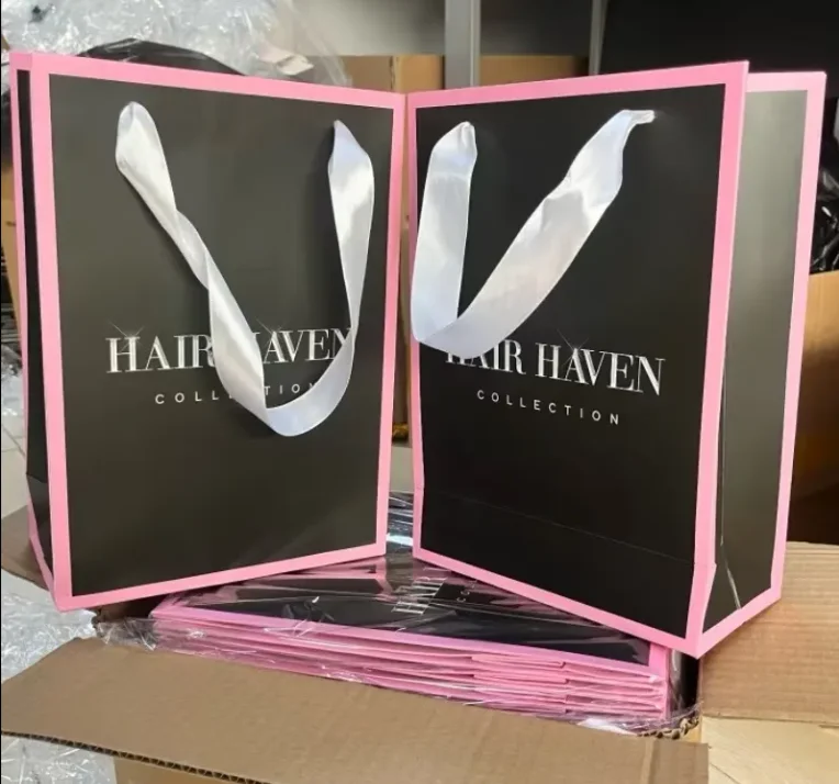 

Custom Size Colorful Packaging Printed logo Ribbon Favor Small Paper Gift Bags With Handles