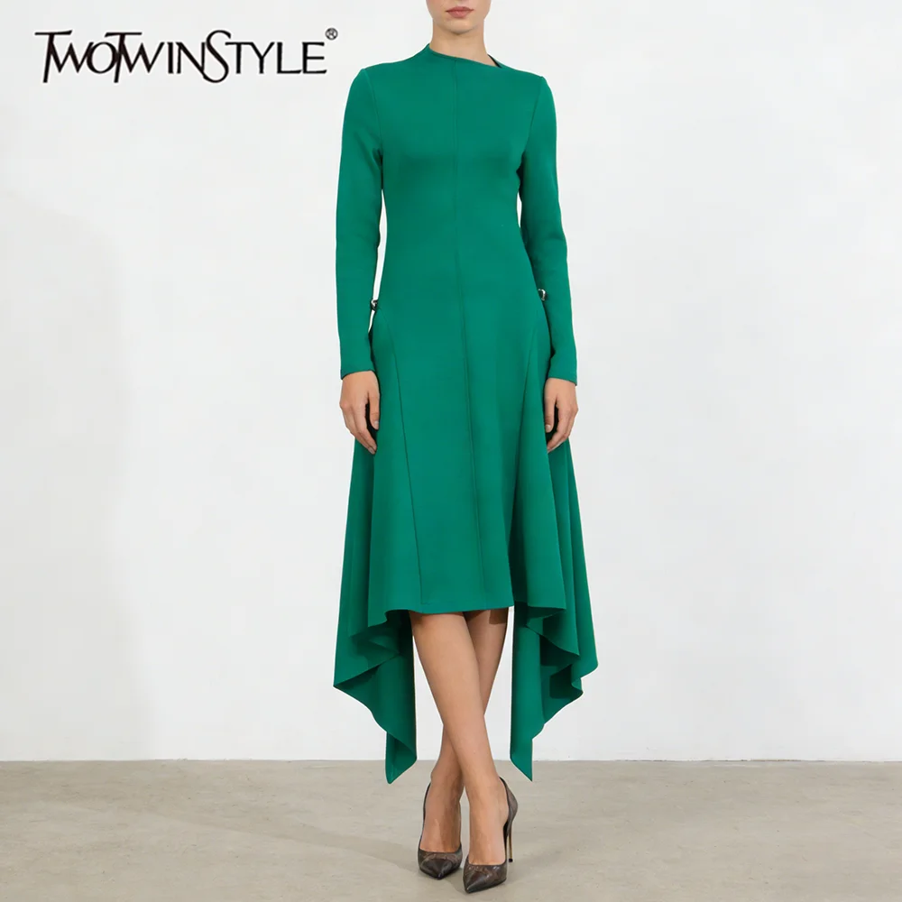 

TWOTWINSTYLE Однотонное свободное платье с драпировкой и вставками для женщин, с круглым вырезом, длинным рукавом, элегантное асимметричное платье, женская осенняя мода, новинка