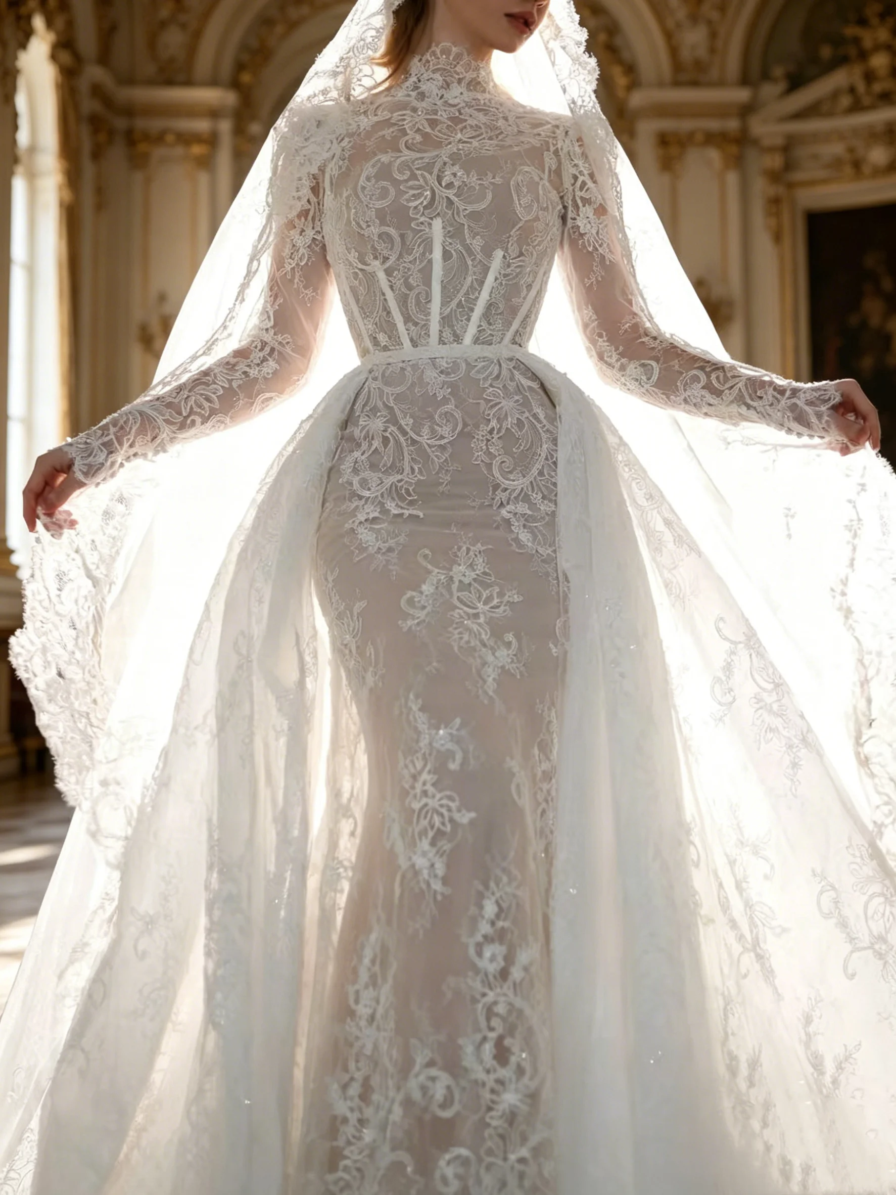 

Luxury High Neck Lace Mermaid Wedding Dress With Detachable Overskirt Cathedral Train Bridal Gown Custom Plus Size Vesti