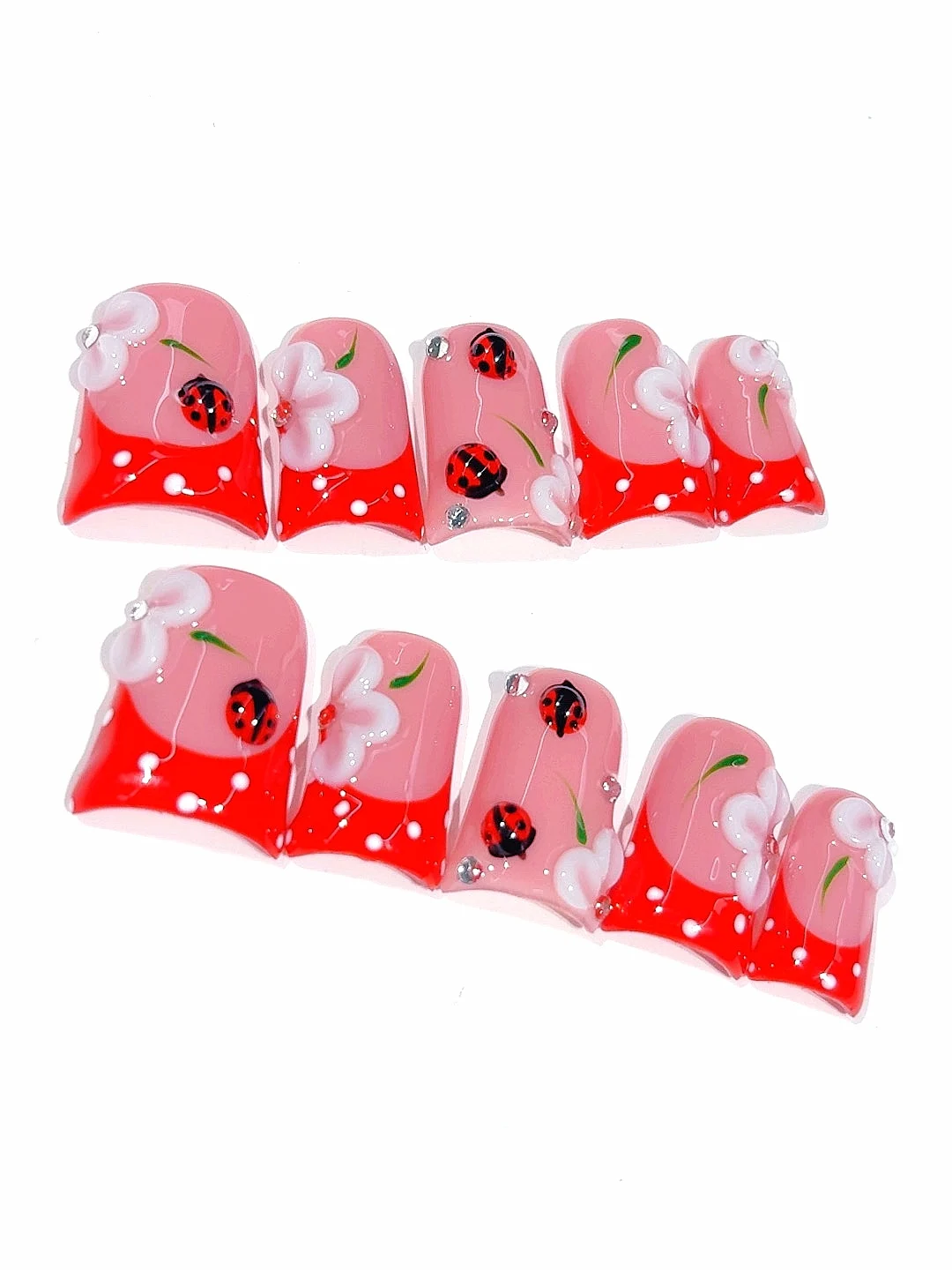 Coccinelle rose et rouge fleur 3D bec de canard presse sur les ongles, ensemble de faux ongles faits à la main pour les femmes (10 pièces) L289
