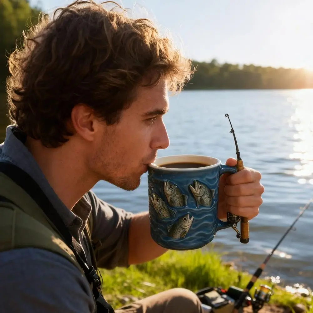 Decorative Resin Fishing Coffee Mug Rod & Reel Design Grip Handle Fishing Theme Cup Funny Fishing Mug Gift