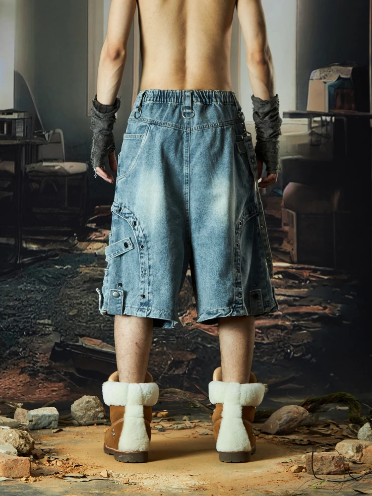 Special-Interest Design Niche Structure Deconstruction Heavy Industry Stitching Ribbon Jeans Shorts