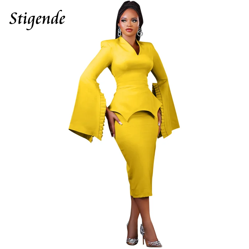 

Stigende Cascading Ruffle Flare Sleeve Midi Dress Women Back Zipper Split Elegant Pencil Dress