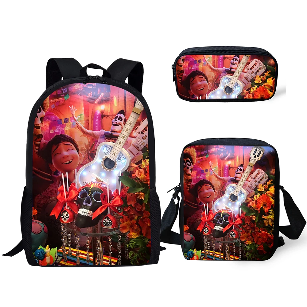 Classic COCO Music Skull Pattern 3D Print 3pcs/Set pupil School Bags Laptop Daypack Backpack Inclined shoulder bag Pencil Case