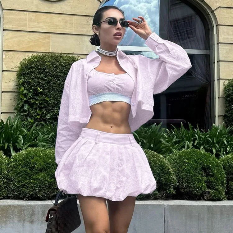 

Fashion Loose Pink Women Three Pieces Set 2026 Elegant Long Sleeve Crop Shirt With Mid Waist Pleated Mini Skirt Set Female