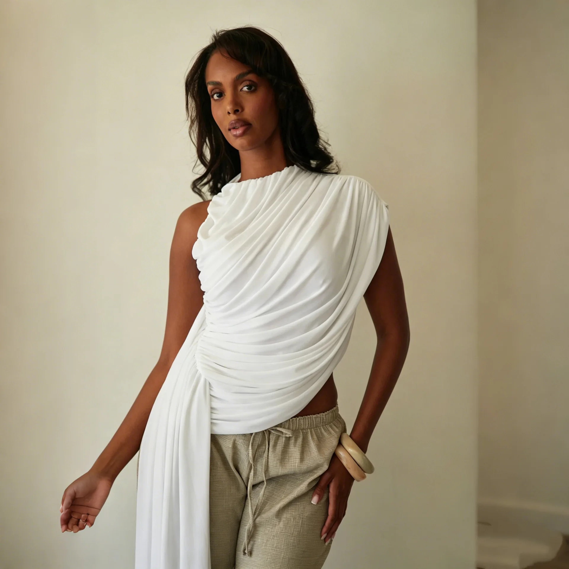 Asymmetric Draped Sleeveless Tank Top Women 2026 White Ruched Slim Crop Top Breathable Stretchy Casual Streetwear Female T Shirt