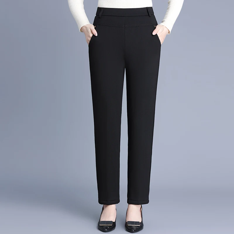 

Зимние утепленные хлопковые брюки с высокой талией и флисовой подкладкой для женщин: модные, свободного кроя, длинные, теплые, комфортные, для среднего возраста