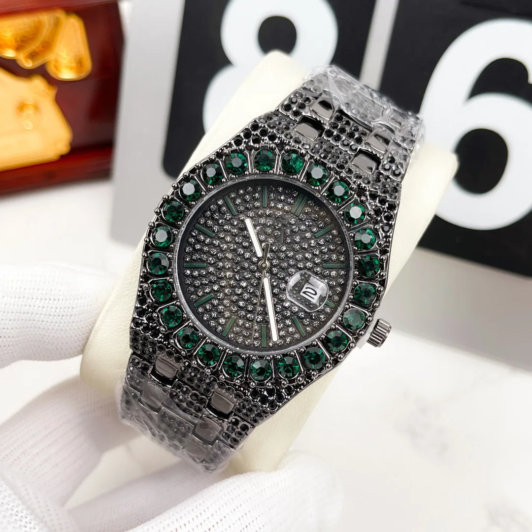 Voller Diamant-Lünette, luxuriöse Designer-Uhr für Herren, hochwertiges Dreizeiger-Quarzwerk, funkelndes Kristall-Zifferblatt, hochwertige Armbanduhr