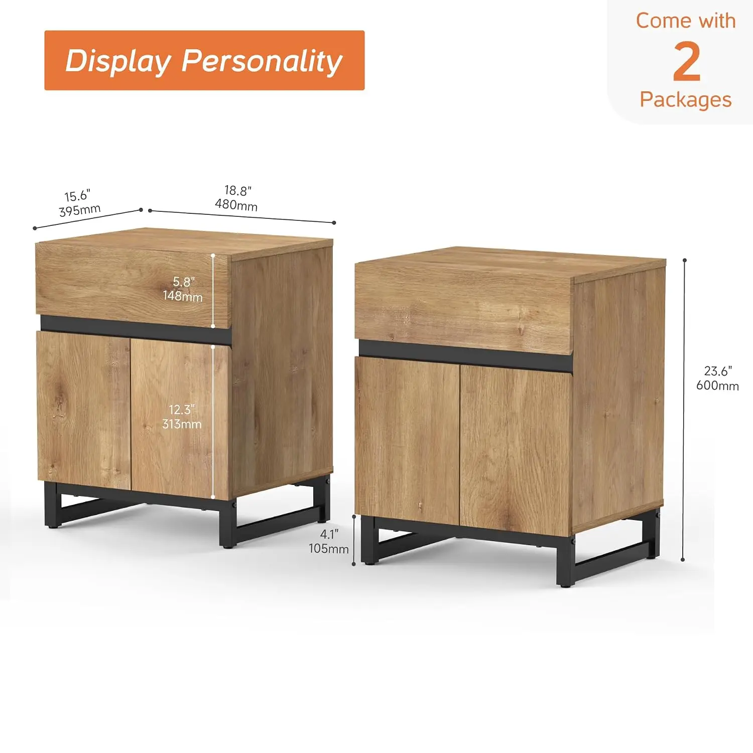 Nightstand with Drawer & Storage Cabinet, Oak, 2 Pack, Customized
