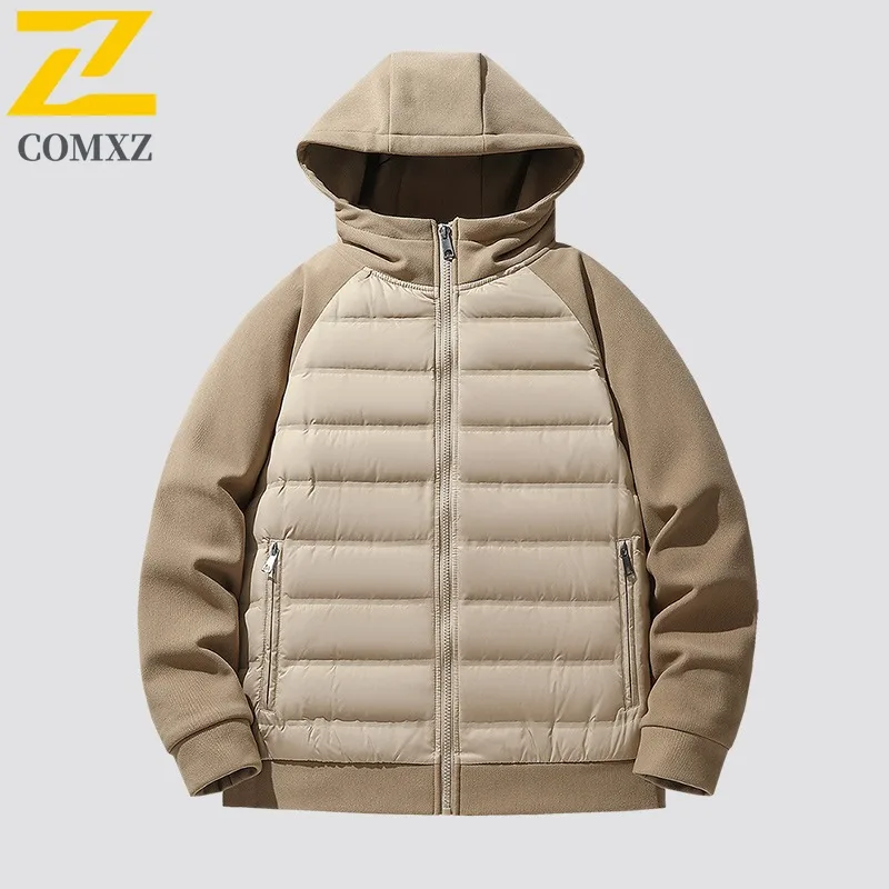 COMXZ Winter Mens Puffer Jacket Classics Hooded Camping Sleeve Puffer Coat Plus Size Durable Warm Quality Winter Outerwear