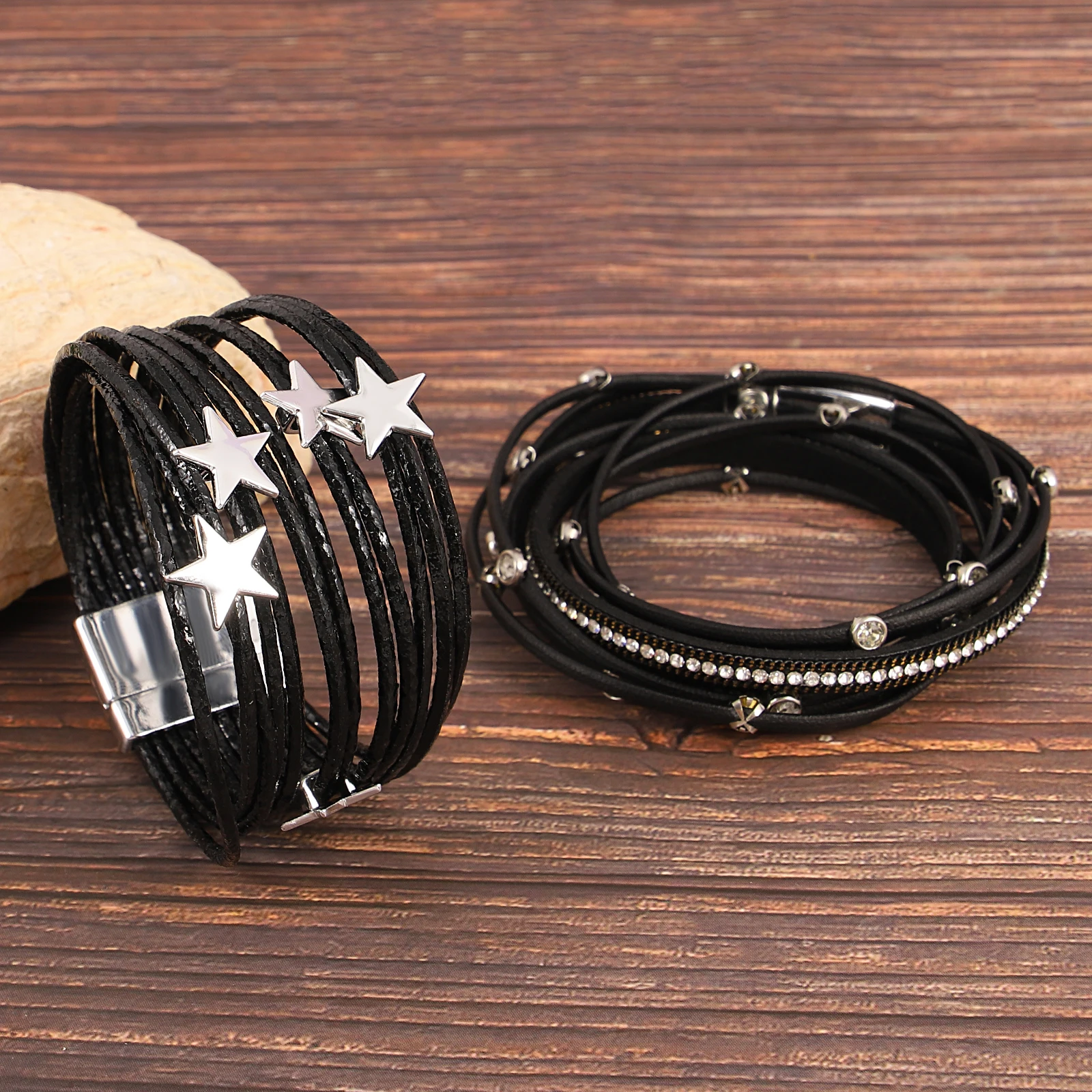 Amorcome Fashion Star Shaped Stackable Multilayer Leather Bracelet for Women Black Wrapped Fine Chain Bangle Daily Jewelry Gift
