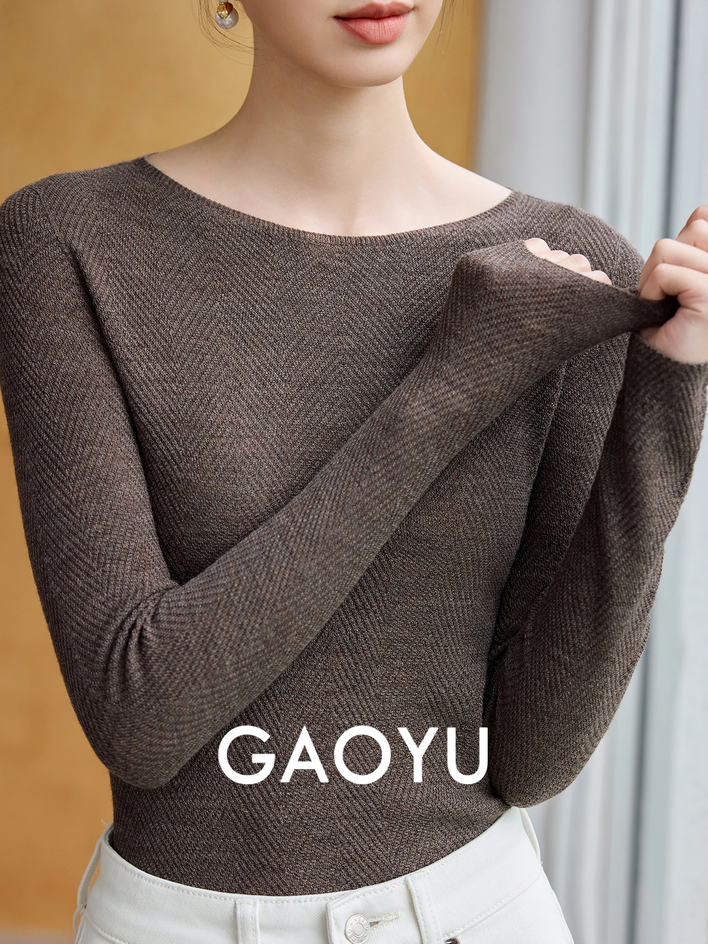 

Вязаный шерстяной топ Sl Yangzi: облегающий, универсальный, модный, с длинным рукавом и круглым вырезом, базовый слой для женщин