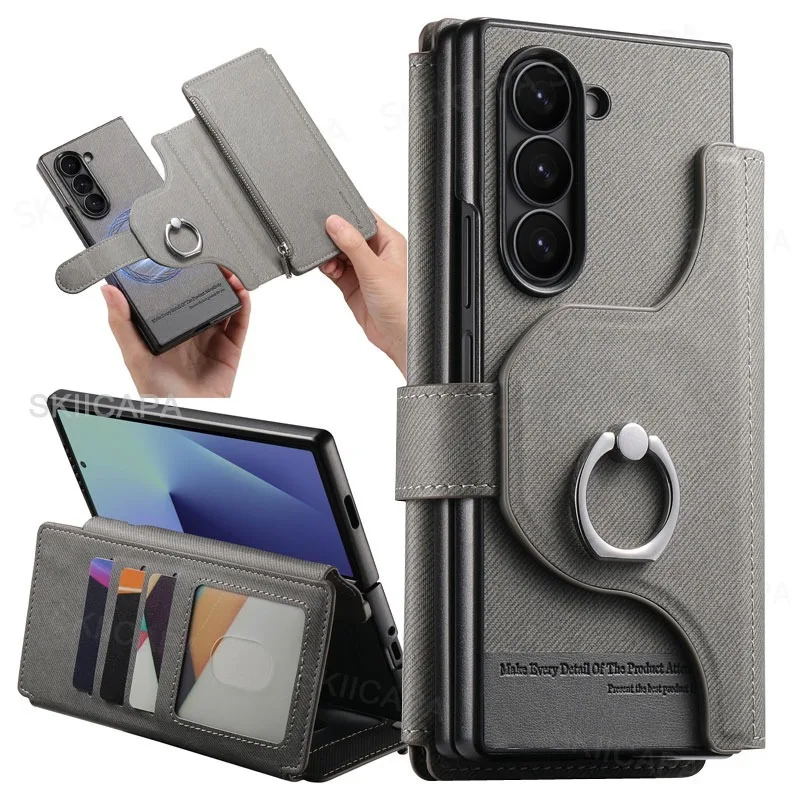 محفظة بسحاب غطاء مغناطيسي لهاتف سامسونج Z Fold 7 Fold6 Fold5 Fold4 Fold3 Magsafe 2 في 1 حامل جلدي قابل للطي حقيبة الهاتف