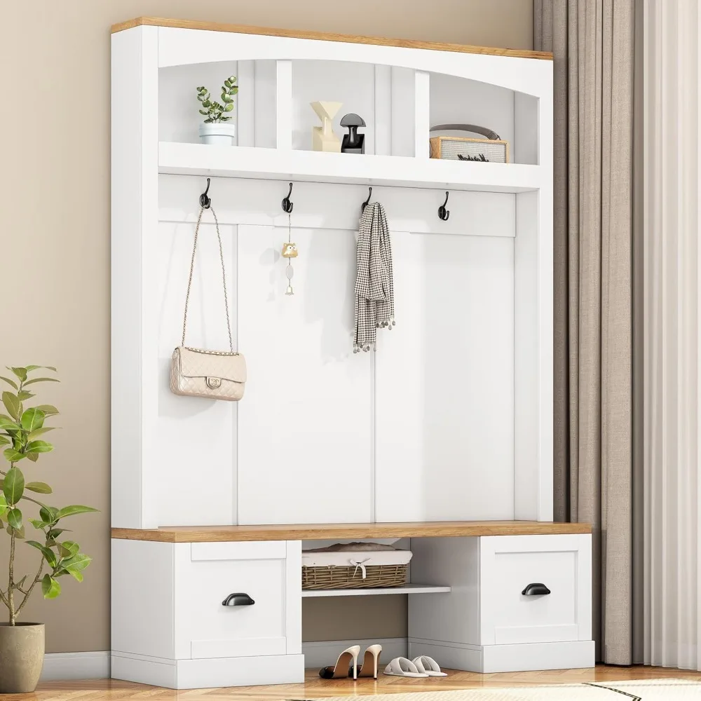 

4-in-1 Coat Rack w/Black Hooks and Shell Handles, Wooden Bench & Adjustable Shelves, Multifunctional Coat Rack and Mudroom Bench