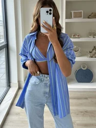 TRAF Oversized Women Striped Printed Blouses+Bra Sets 2024 New Fashion Long Sleeve Lapel Shirt Summer Loose Casual Blouse Tops