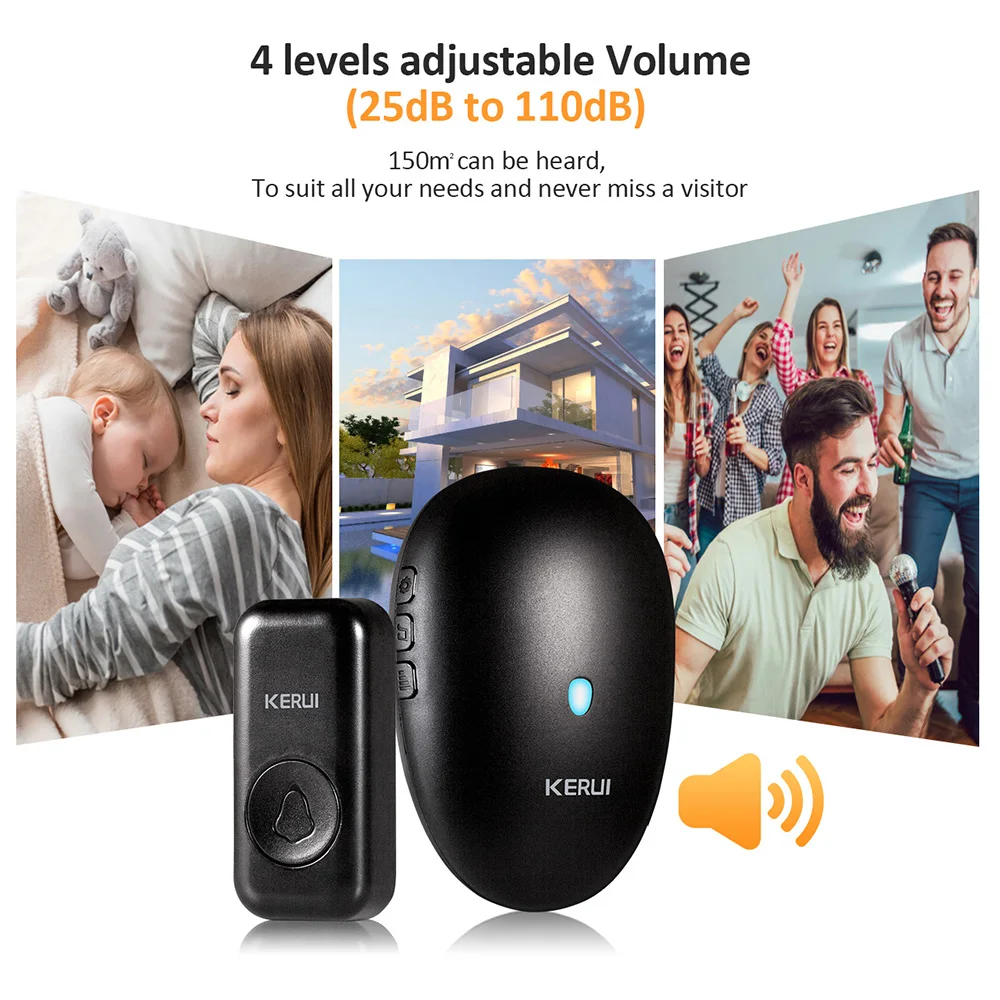 KERUI M521 Wireless Doorbell With Two Buttons Security Door Bell Alarm 120m Long Distance Welcome Chime Kit 57 Songs LED Light