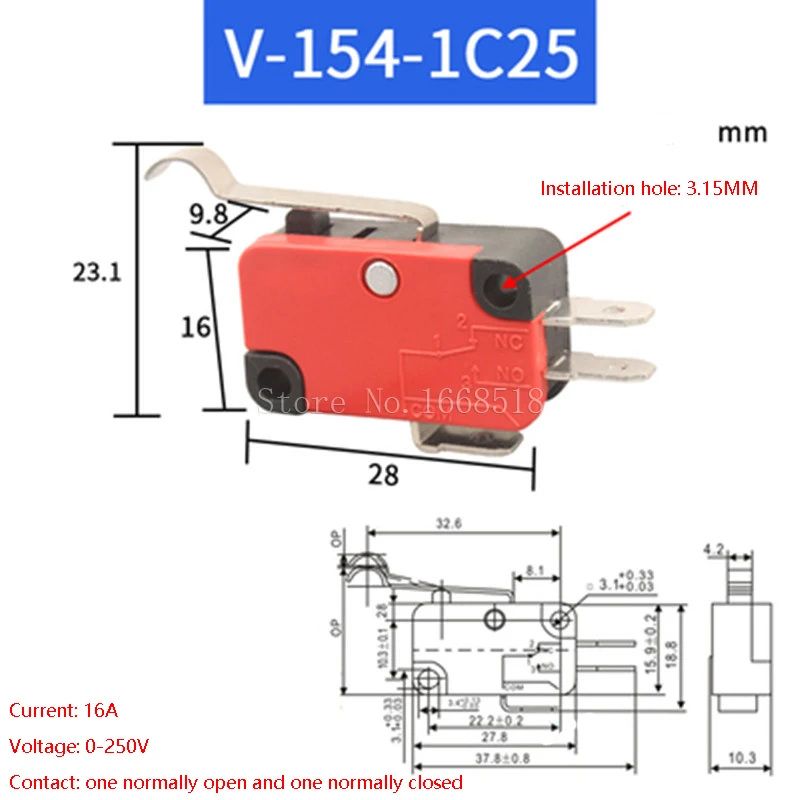 V-15 V-151 V-152 V-153 V-154 V-155 V-156-1C25 Mikroprzełącznik 16A 250VAC SPDT Chwilowy wyłącznik krańcowy 1NO1NC Rolka dźwigniowa