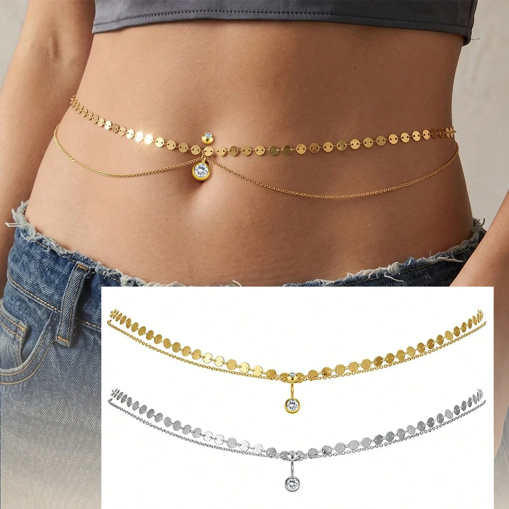 Belly Buttom Ring With Waist Chain,Bikini Navel Piercing Dangle Belly Button Rings,Waist Chain Belly Body Chain Jewelry