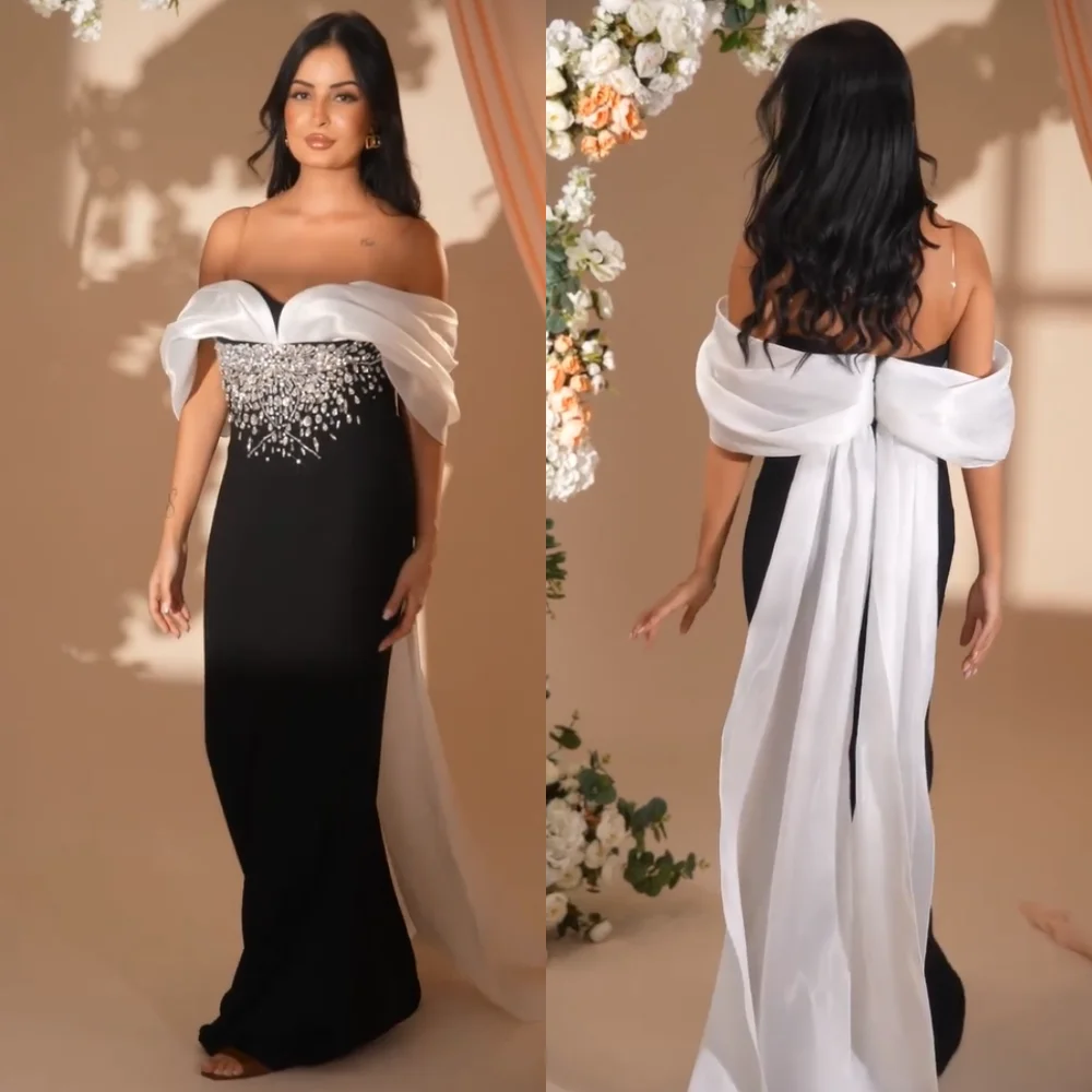 

Customized Elegant Jersey Pleat Sequined Mermaid Straight Off-the-shoulder Long Dresses Bespoke Occasion Evening Formal