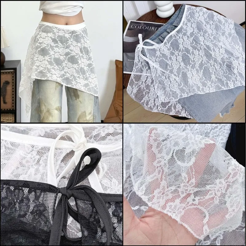 Irregular French Lace Hem Skirt Extender Women Short Fart Curtain Skirt Elegant Sheer Layering Mini Skirt Spring Layered Skirts