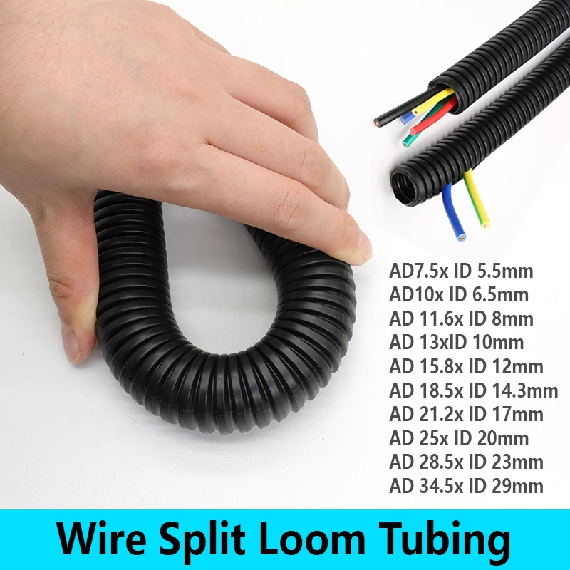 1~10m PP Insulated Corrugated Split Loom Tube AD 7.5/10/11.6/13/28.5/34.5mm for Wire Cable Harness Threading Protection Sleeving