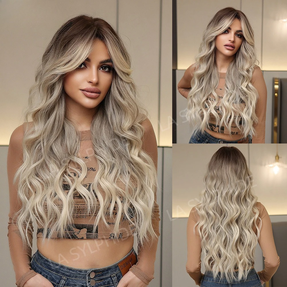 

European and American full headgear wig long curly hair eight-character bangs natural gold brown gradual change gray female wig