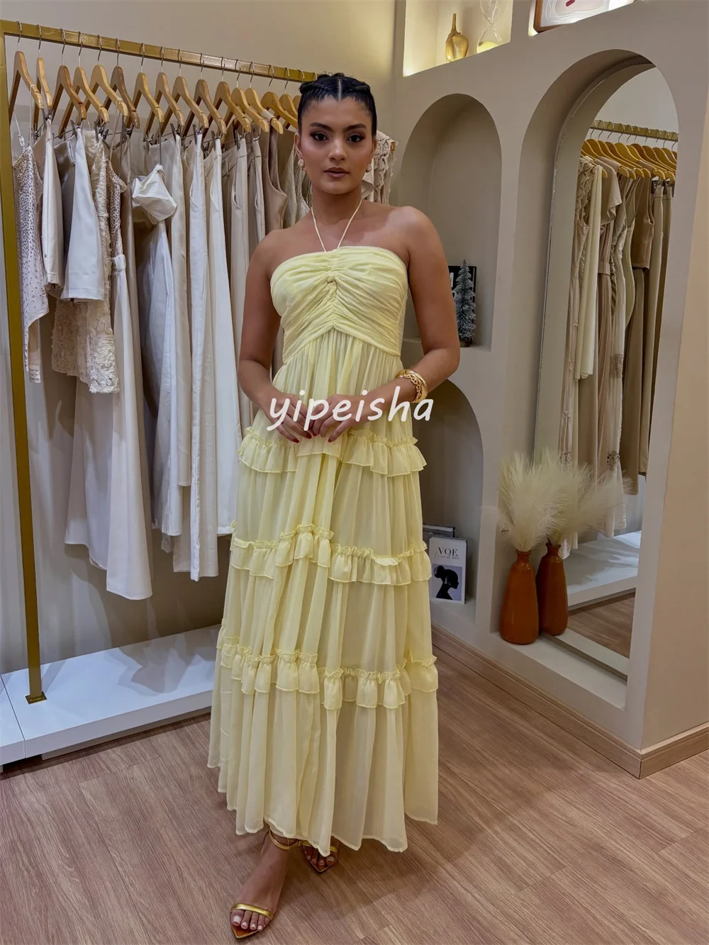 Customized Sexy Fashion Chiffon Pleat Ruched Tiered A-line Halter Midi Dresses Evening Dresses Sizes Available High Quality
