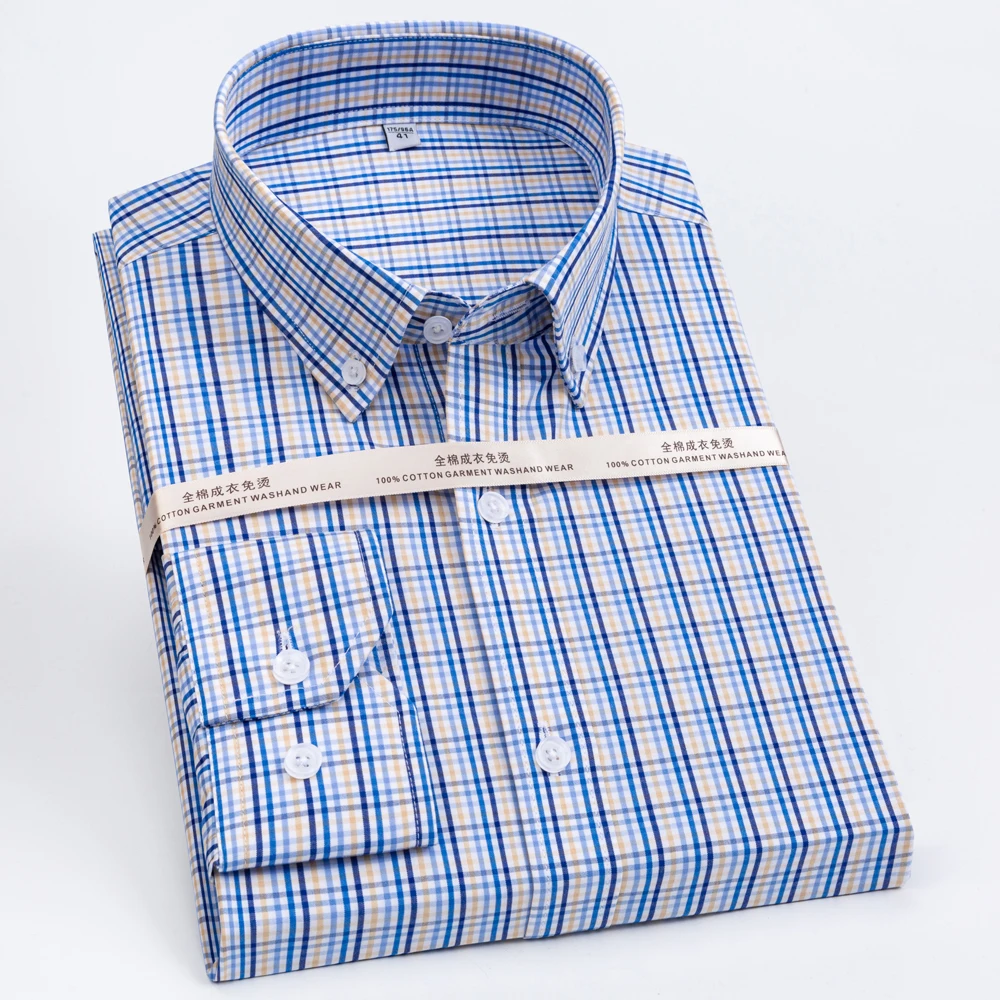 Camisa de vestir de manga larga sin arrugas de algodón 100% de lujo para hombre informal de negocios con diseños a cuadros y rayas corte Regular