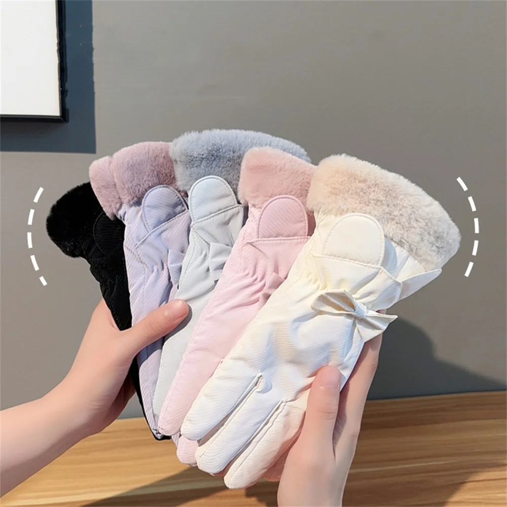 1pair Winter Warm Women'S Cycling Velvet Thickened Gloves Bear Ears Bow Outdoor Water-Repellent Ski Gloves