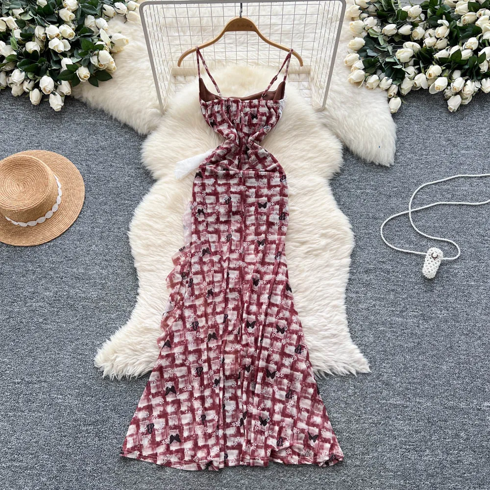 Chic vintage Sexy stampa in pizzo diviso sottile Elegante Fata Estate moda coreana Boho Vestito estivo abbigliamento donna Abito lungo