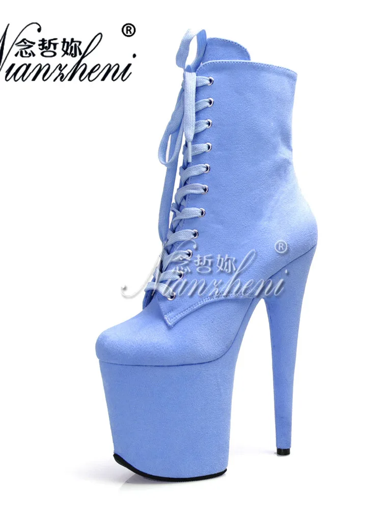 Gothic Exotic Platform Crossdresser Ankle Boots Sexy Fetish 20cm Round Toe Stripper Heels Big Size Pole Dance Flock Womens Shoes