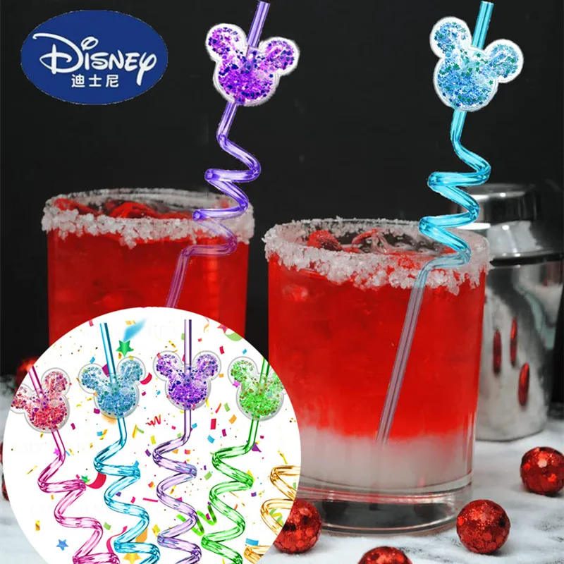 Disney Mickey Mouse Anime Straw para crianças, Kawaii Minnie, areia movediça Sequin Spiral Straw, Cartoon Toy Gifts, 1 Pc, 5 Pcs, 10Pcs