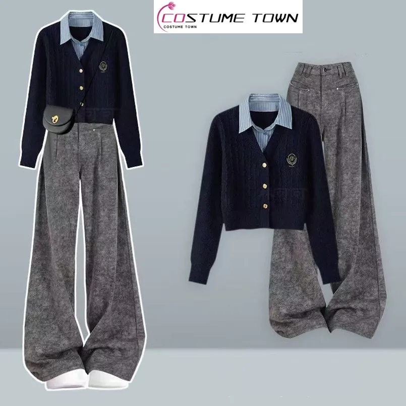 

Spring and Autumn New Style Women's One Piece Fake Two Piece Fashionable Top+Wide Leg Pants Two Piece Set