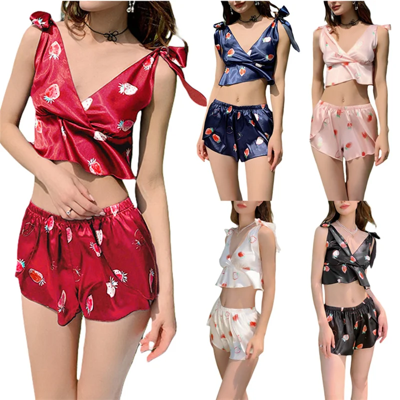 

Summer Vacation Pajama Set Women's 2 Piece Lounge Set Strawberry Print Cami Tops Elastic Band Shorts Sleepwear Homewear