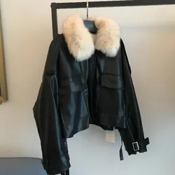 Manteau en cuir PU chaud épaissi pour femme, poignées courtes, col en fausse fourrure de renard amovible, veste en cuir grande taille, hiver, nouveau