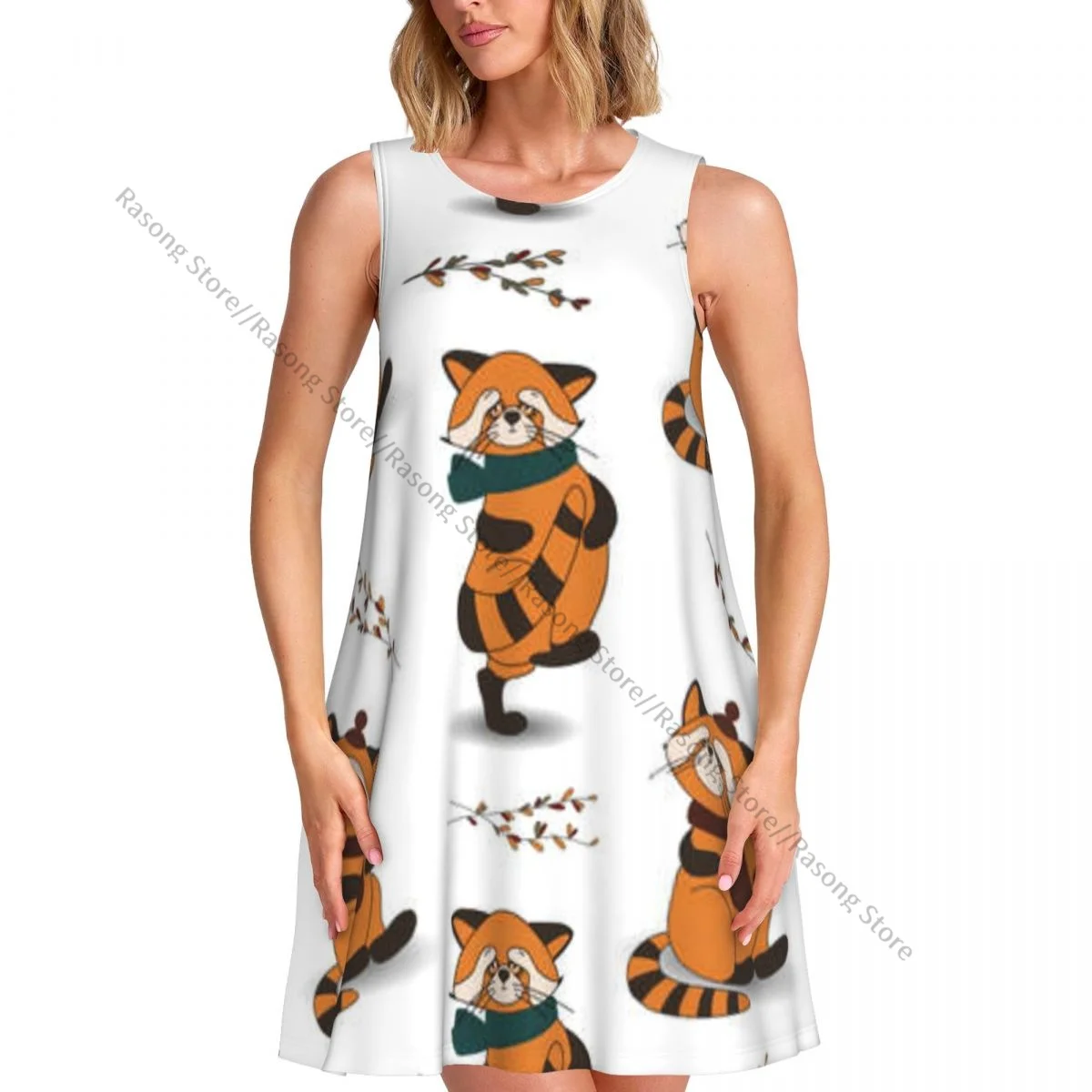 ชุดสตรีฤดูใบไม้ร่วงสัตว์แพนด้าแดงพิมพ์ฤดูร้อนสบายๆ T เสื้อชายหาด COVER UP Tank Dress